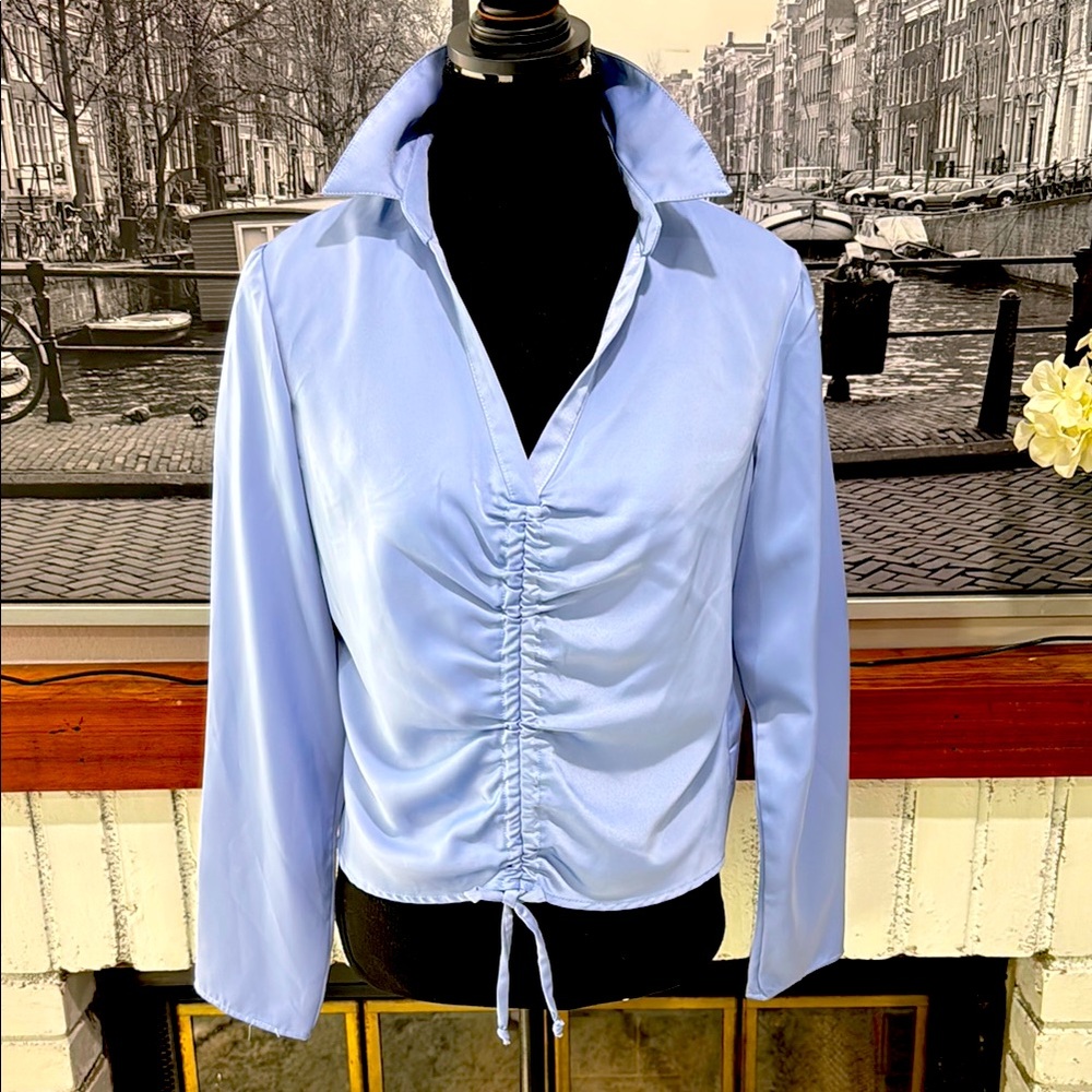 BCX Women’s Blouse Blue Ruched Top Size Large Long Sleeve V Neck Collar